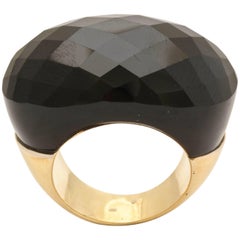 1980s Trapezoid Faceted Oblong Oval Cut Large Onyx Chic Gold Cocktail Ring 4