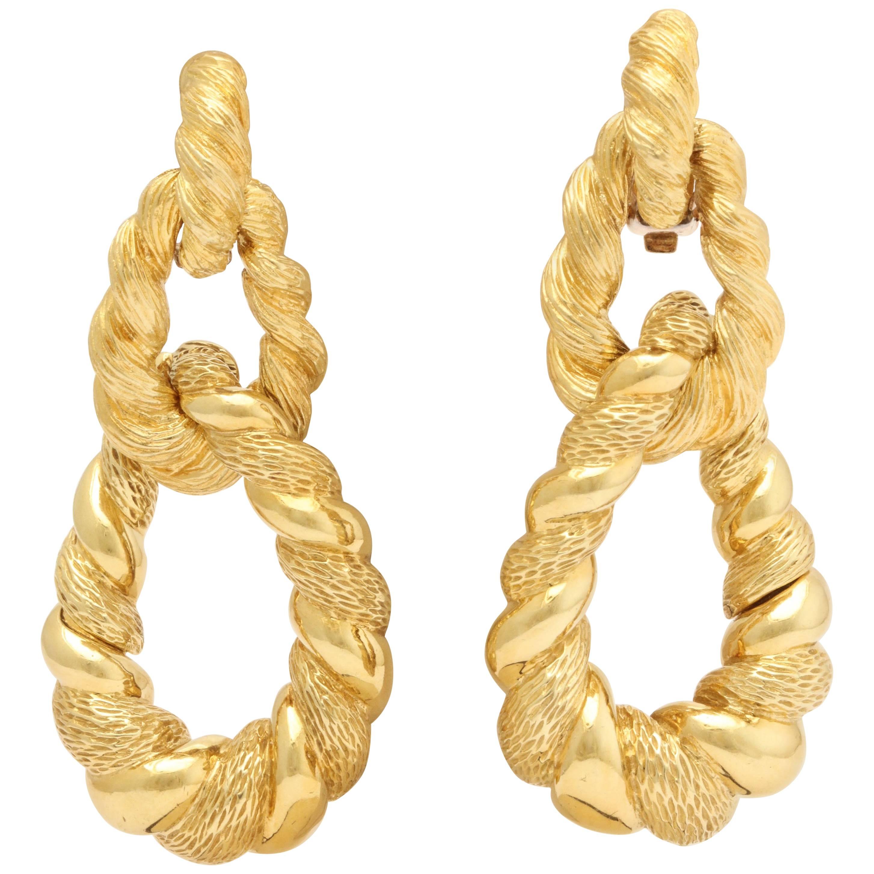 1970s Convertible Two Textured Gold Long Gold Doorknocker Loop Earrings