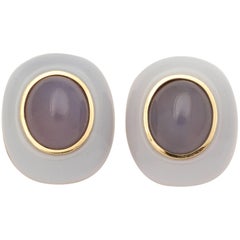 1980s Maz Jewelers Large Dark and Light Blue Chalcedony Chic Gold Earrings