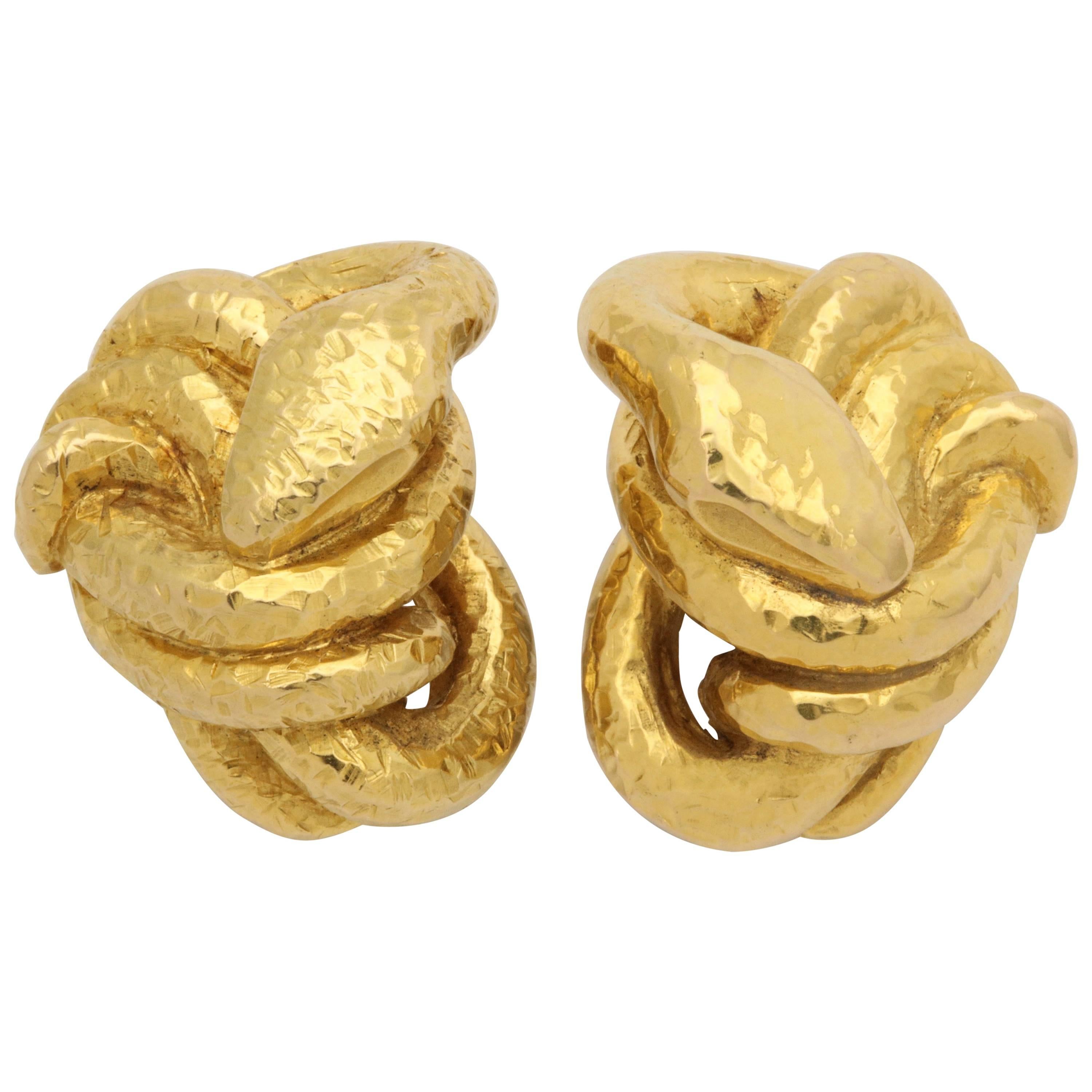 1970s French Figural Coiled Serpent Hand-Hammered Gold Clip on Earrings