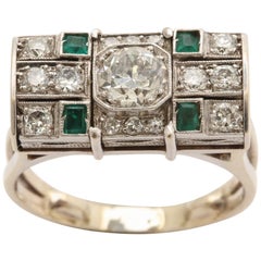 Art Deco Roll Top Design Diamond and Emerald Platinum and Gold Ring