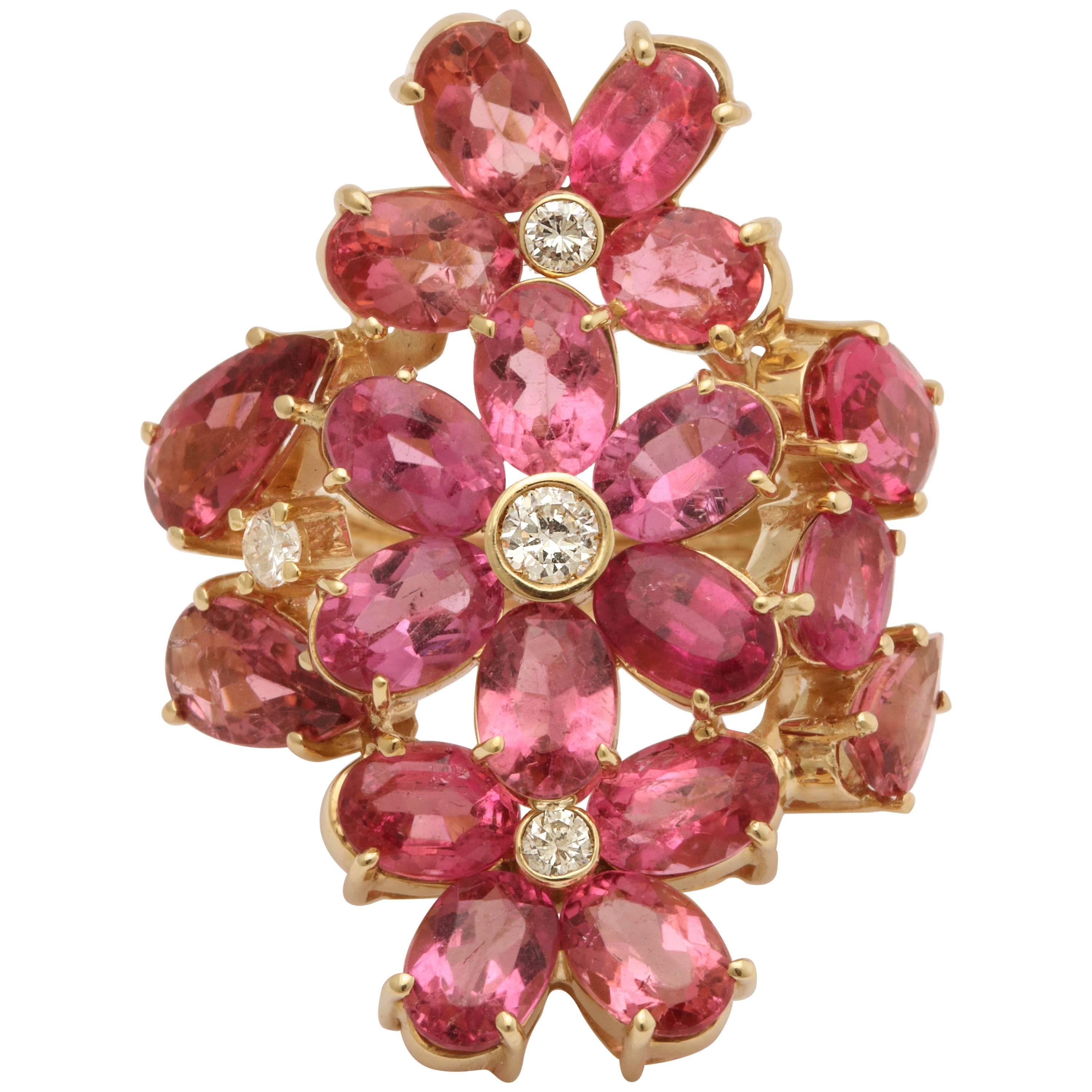 1950s Natural Intense Pink Tourmaline with Diamonds Large Floral Cocktail Ring