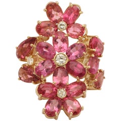1950s Natural Intense Pink Tourmaline with Diamonds Large Floral Cocktail Ring 1
