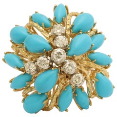 1960s Large Cabochon Marquis Cut Persian Turquoise and Diamond Gold Ring
