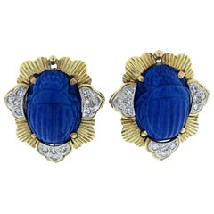 Retro Carved Lapis and Diamond Scarab Earrings