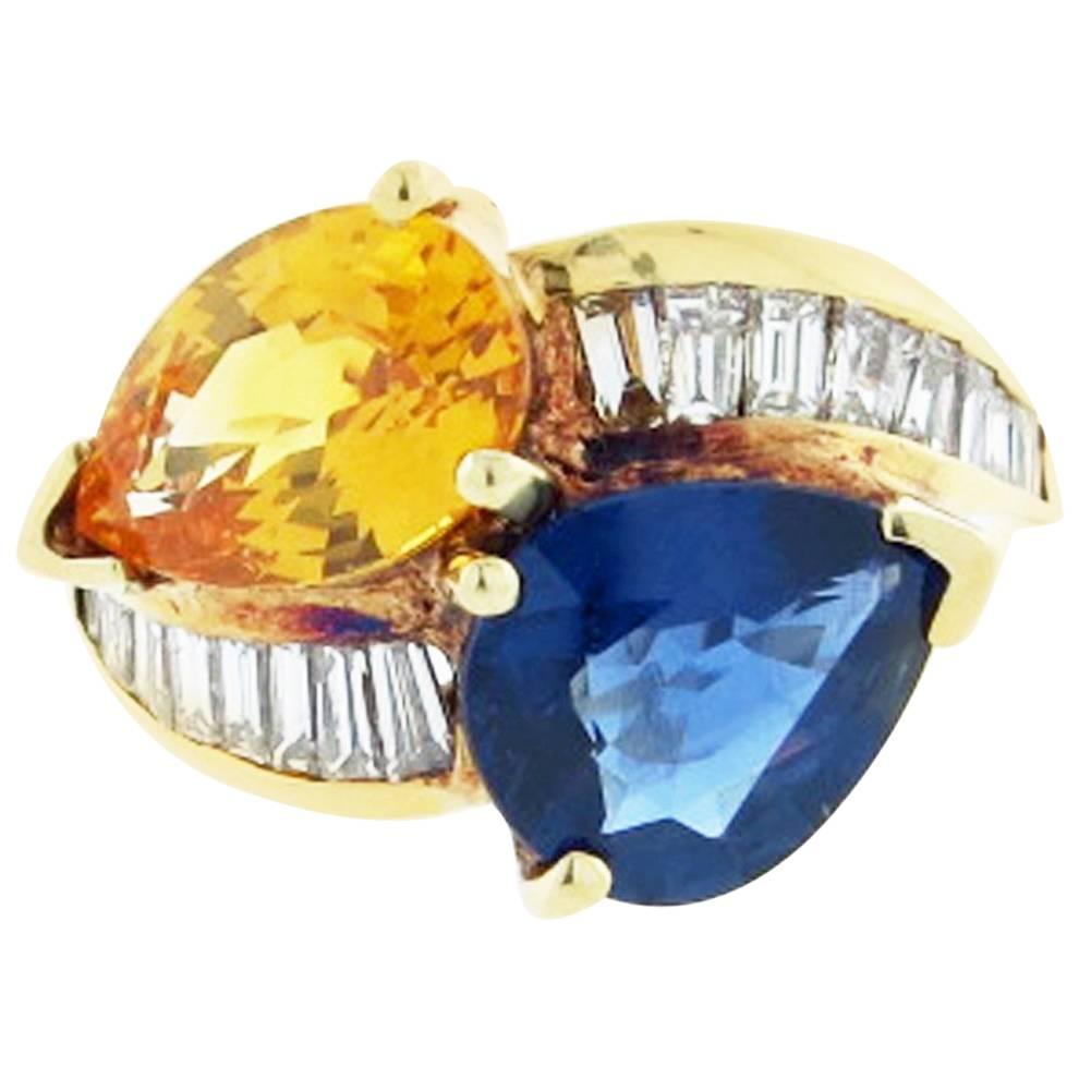 Gem Color Yellow and Blue Sapphire and Diamond Crossover Ring For Sale