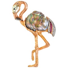 American Natural Mississippi River Rainbow Pearl Ruby Diamond Flamingo Gold Pin 7