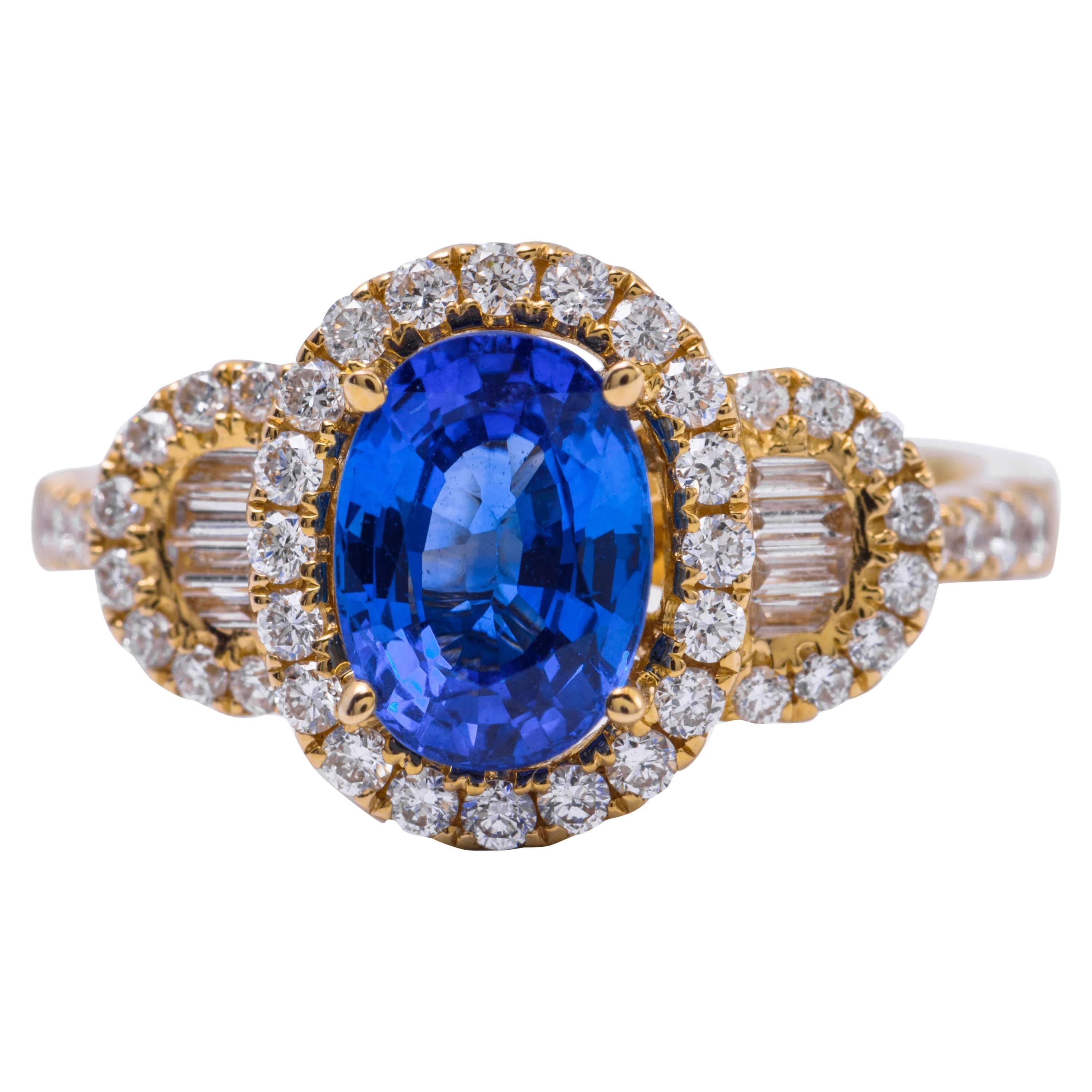 Oval Shape Ceylon Sapphire Diamond Yellow Gold Halo Cocktail Engagement Ring