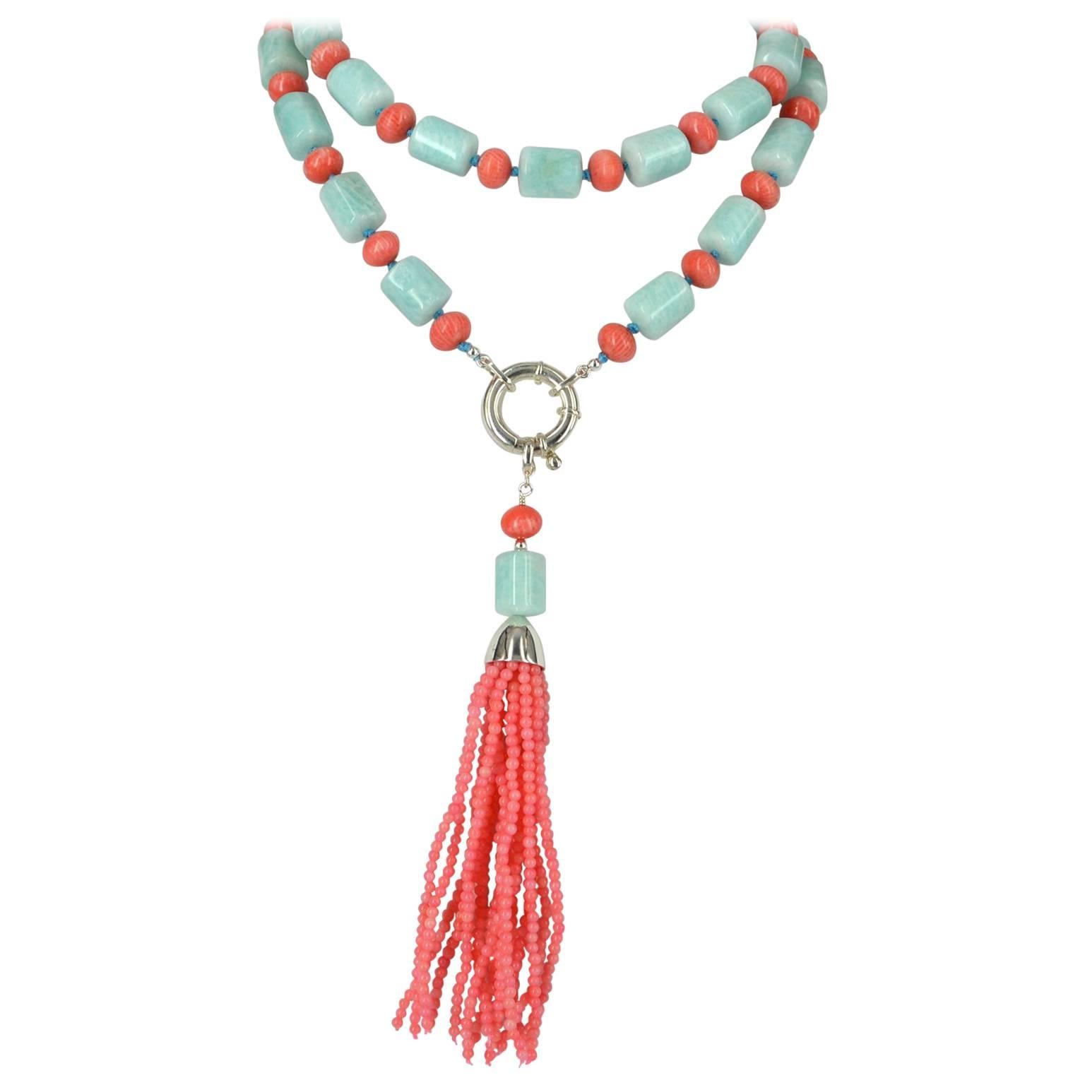 Decadent Jewels Amazonite Apricot Coral Sautier Tassel Silver Necklace