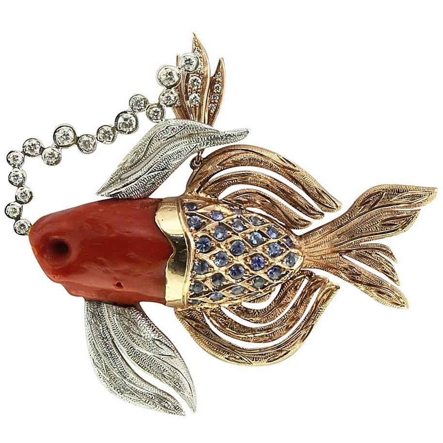 Diamonds, Blue Sapphires, Red Coral, 14K Rose Gold, Fish Shape Pendant Necklace For Sale