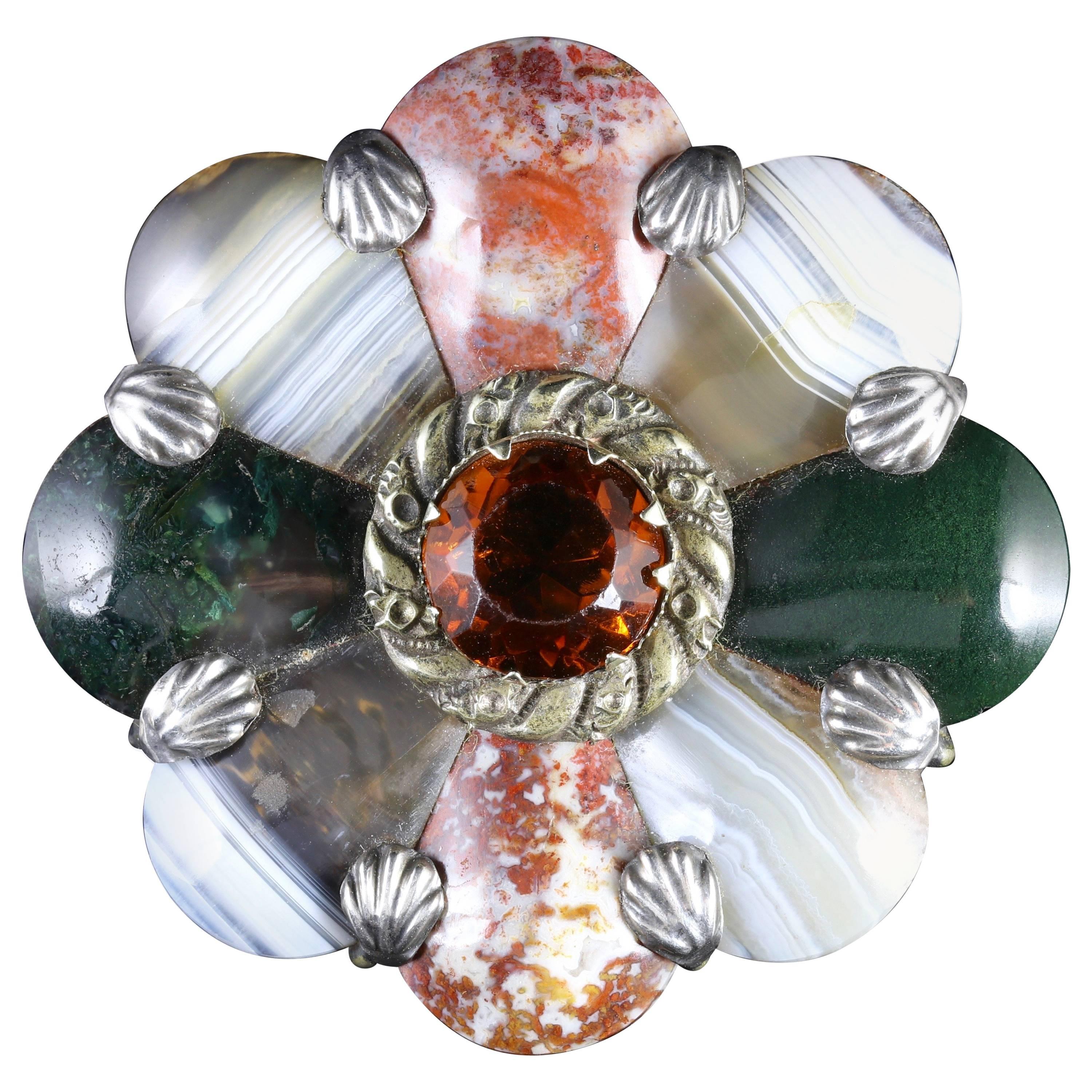 Antique Victorian Silver Scottish Agate Brooch, circa 1860