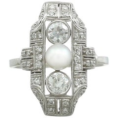 1940s 1.12 Carat Diamond and Pearl Platinum Art Deco Ring