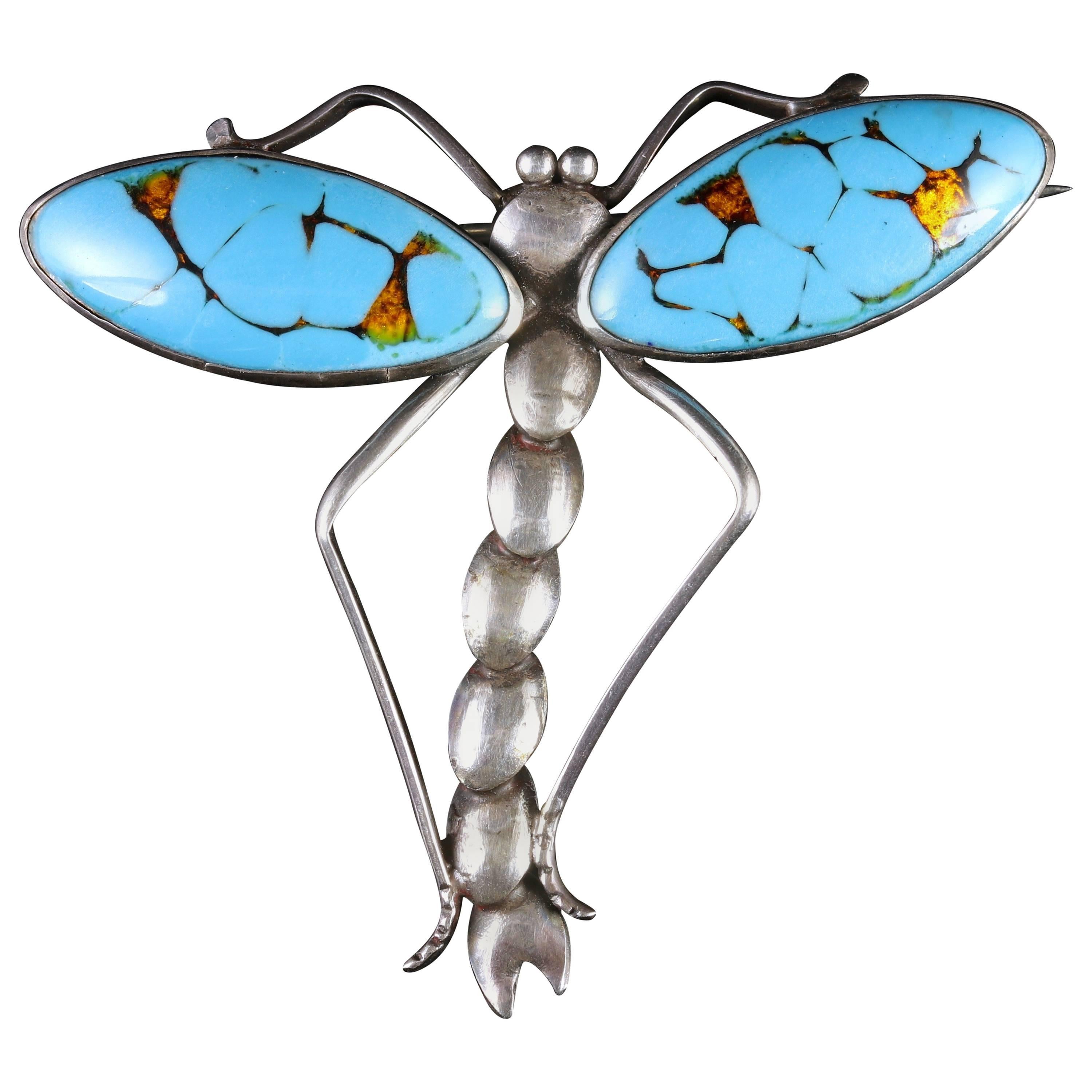 Antique Victorian Large Dragonfly Brooch Silver Blue Enamel, circa 1900