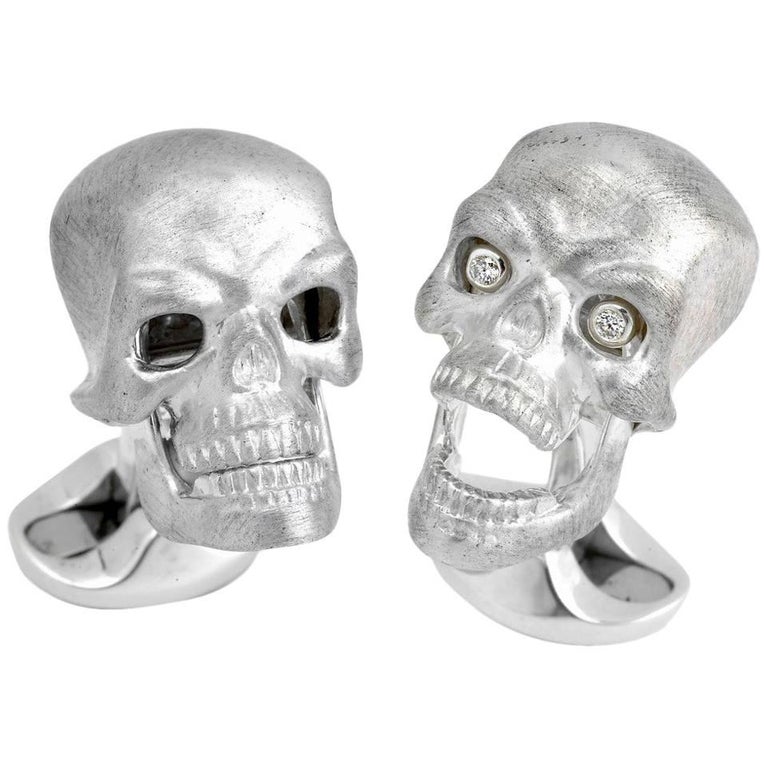 Deakin & Francis Sterling Silver Skull Cufflinks with Diamond Eyes For Sale