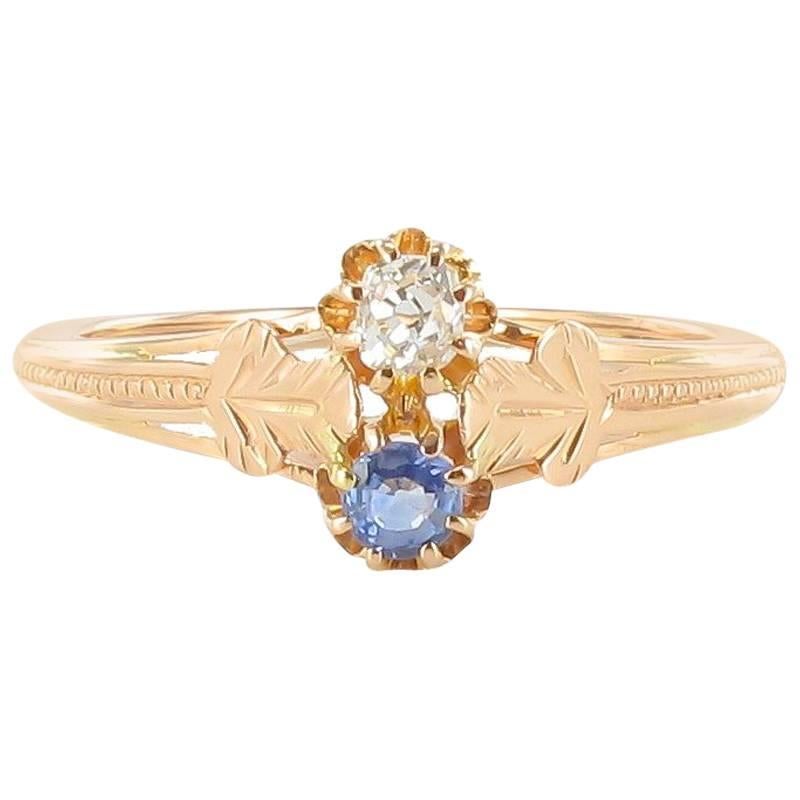1850s Rose Gold Sapphire Diamond "Toi et Moi" Engagement Ring