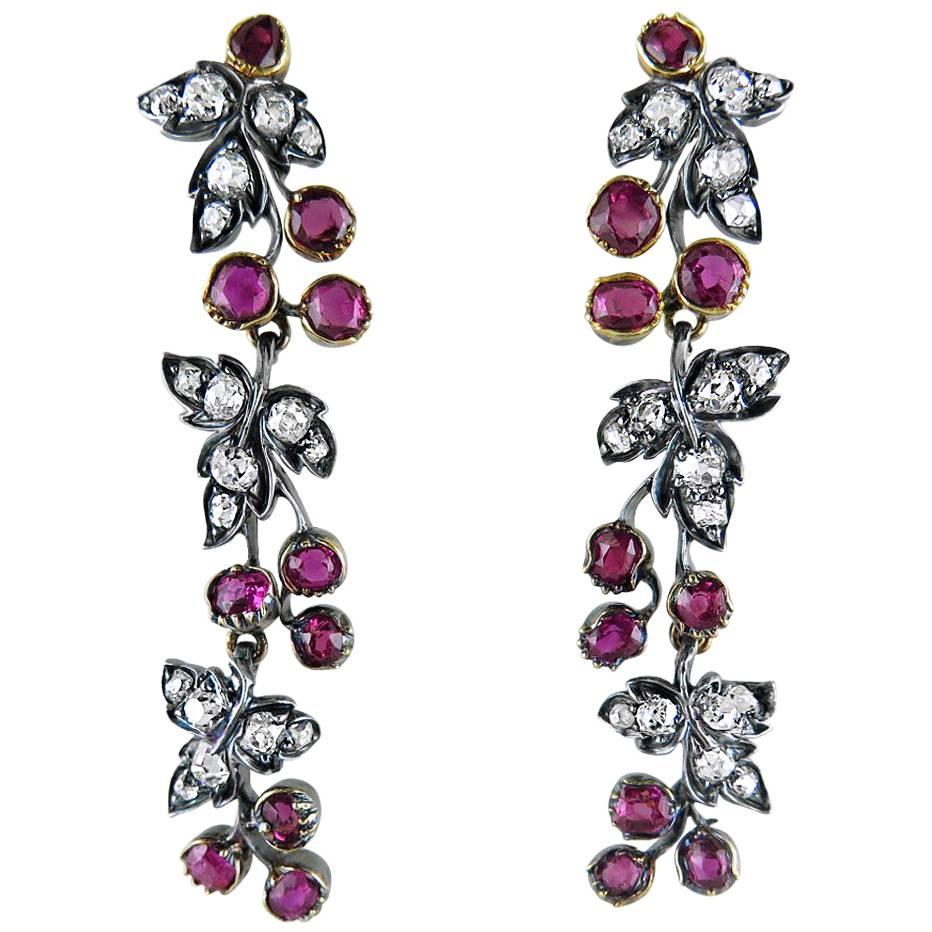 Pair of Antique Ruby and Diamond Vine Earrings