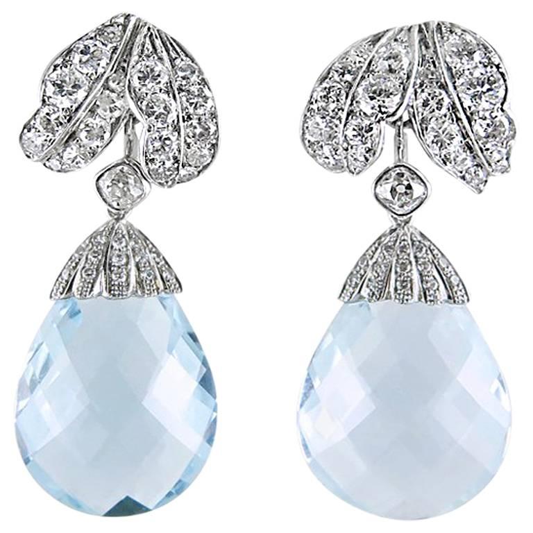 Pair of Briolette Aquamarine and Diamond Earrings For Sale