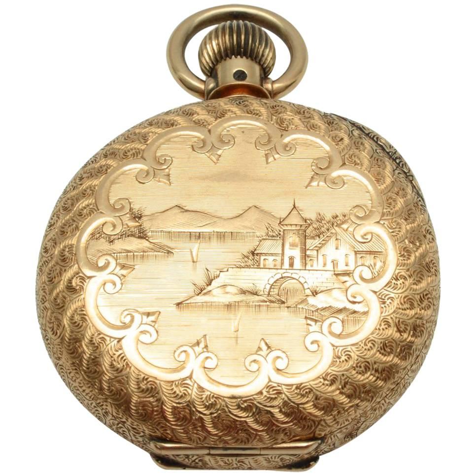 Elgin Yellow Gold Chinoiserie Pocket Watch