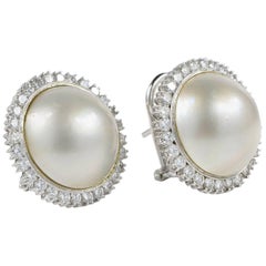 Jumbo Mabe Pearl Diamond Halo Vintage Earrings