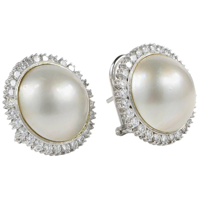 Jumbo Mabe Pearl Diamond Halo Vintage Earrings Jumbo Mabe Pearl Diamond Halo Vintage Earrings