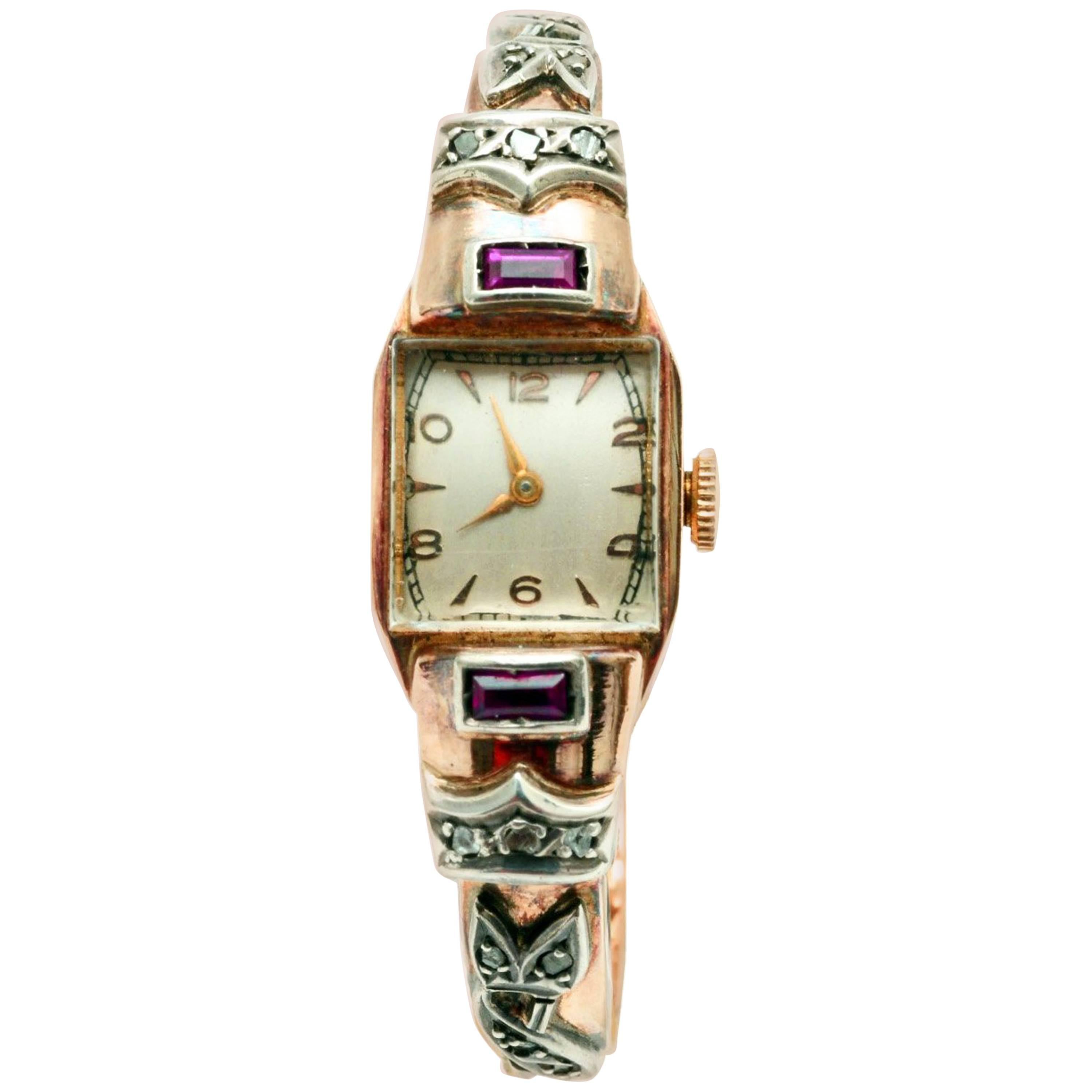 Retro Ladies 18K Yellow Gold, Diamond, and Ruby Bracelet Wristwatch, c1940