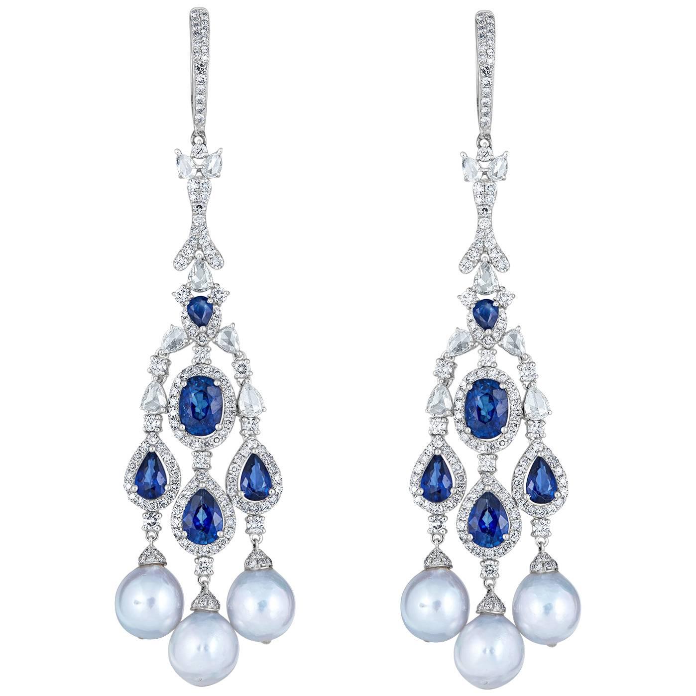 Blue Sapphire White Diamond Pearl Chandelier Earring For Sale