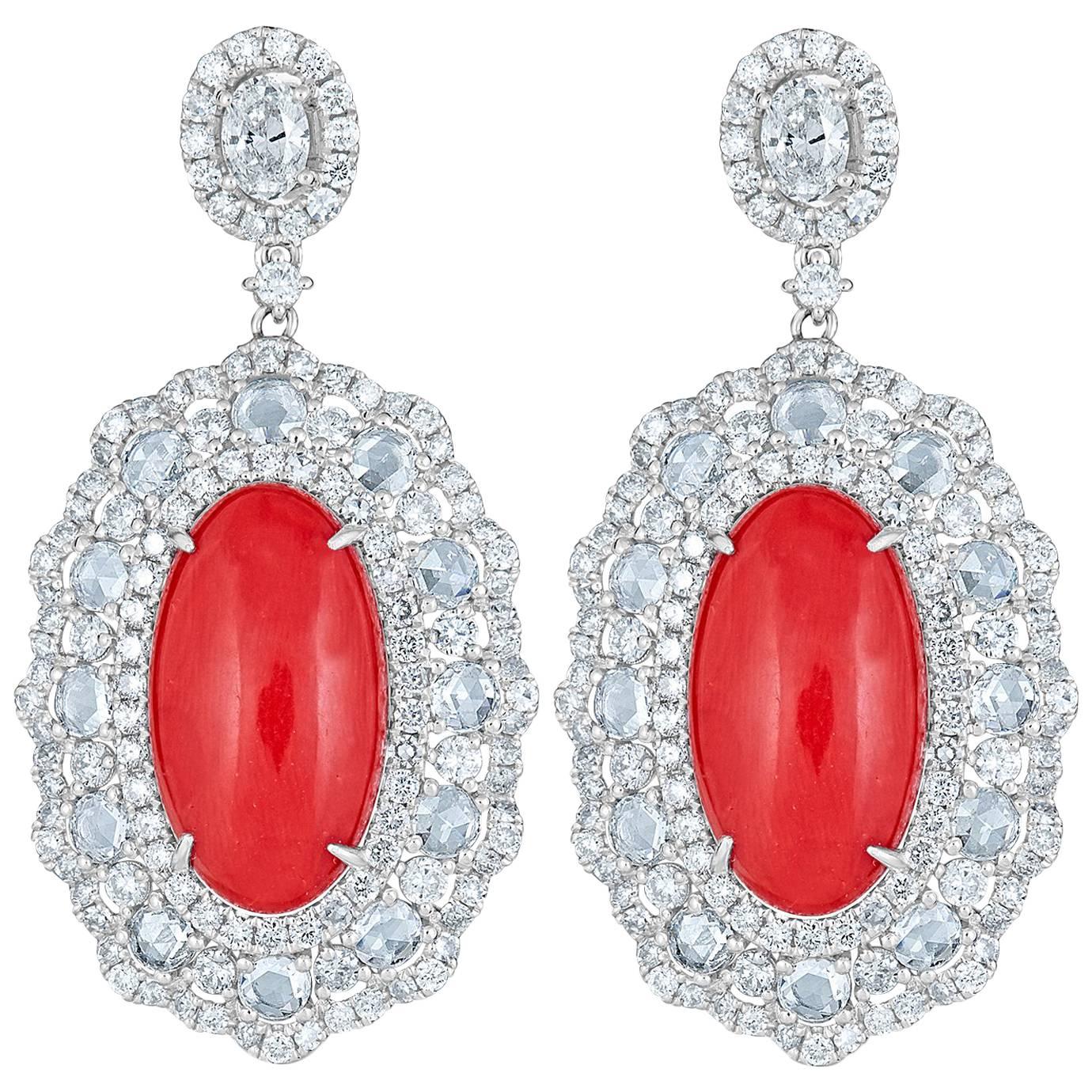 Coral and White Diamond Drop Earring For Sale