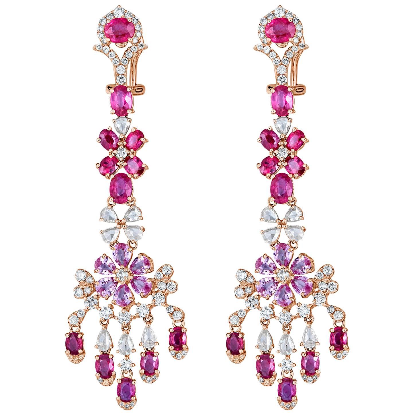 Ruby Pink Sapphire Diamond Chandelier Earring For Sale