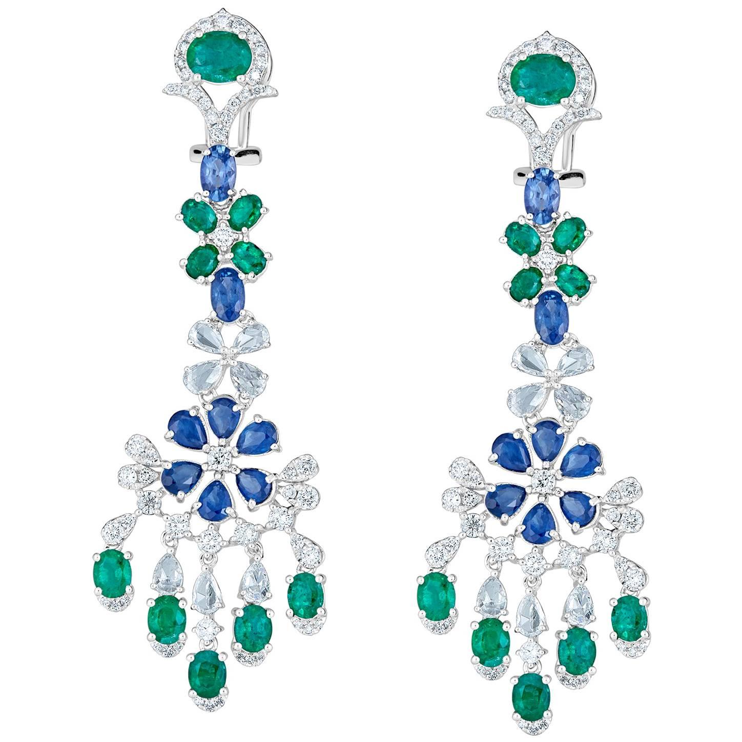 Emerald Blue Sapphire and Diamond Chandelier Earring For Sale