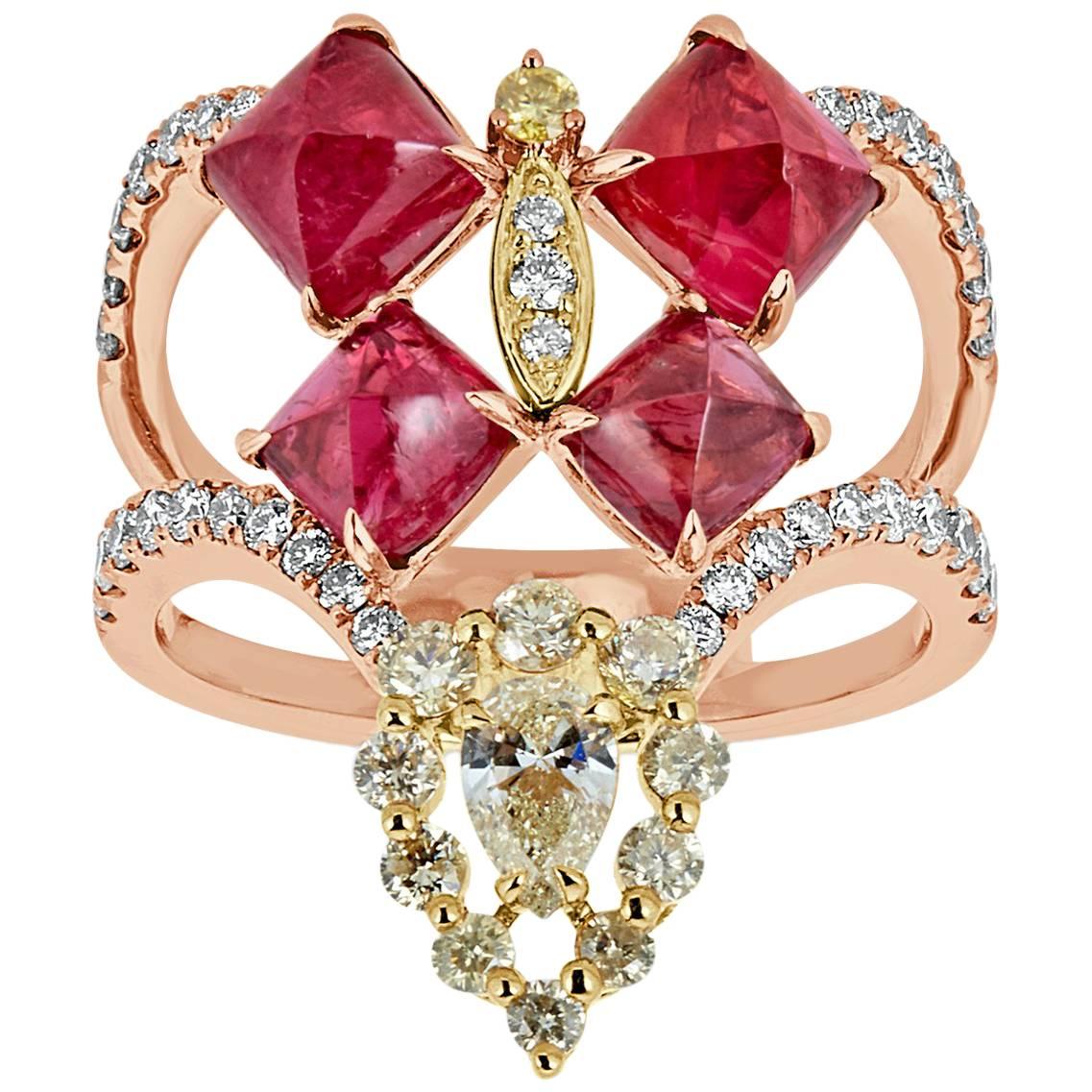 Red Spinel Yellow and White Diamond Ring For Sale