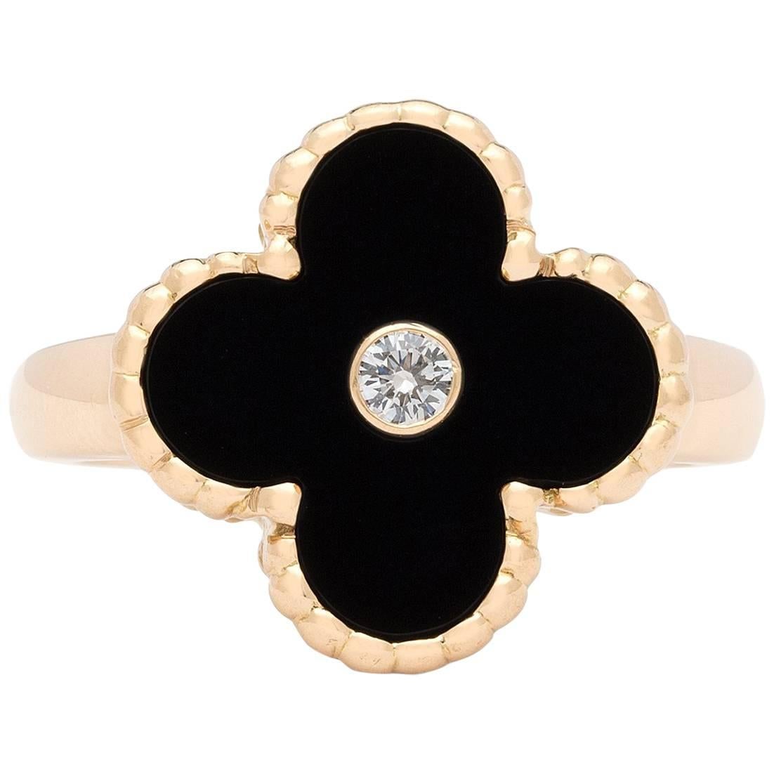 Estate Van Cleef & Arpels Alhambra Onyx and Diamond Ring