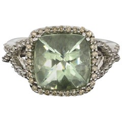 Effy Cushion Green Amethyst and Diamond Halo Twist White Gold Ring