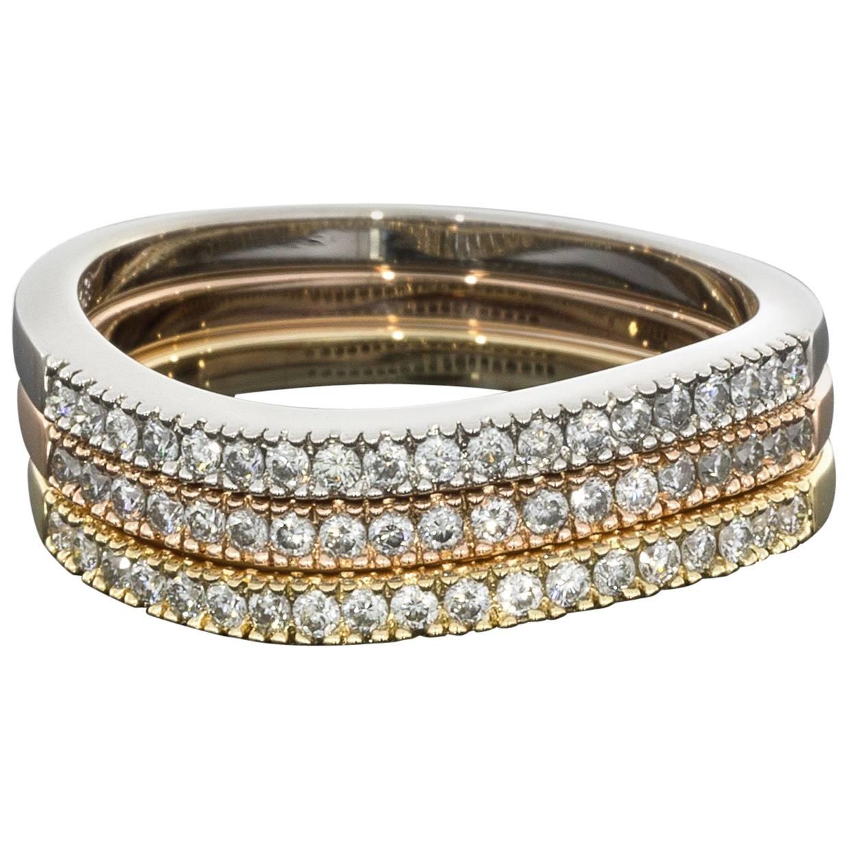 Round Diamond Wavy Design Multi-Tone Gold Set of Three Stackable Rings
