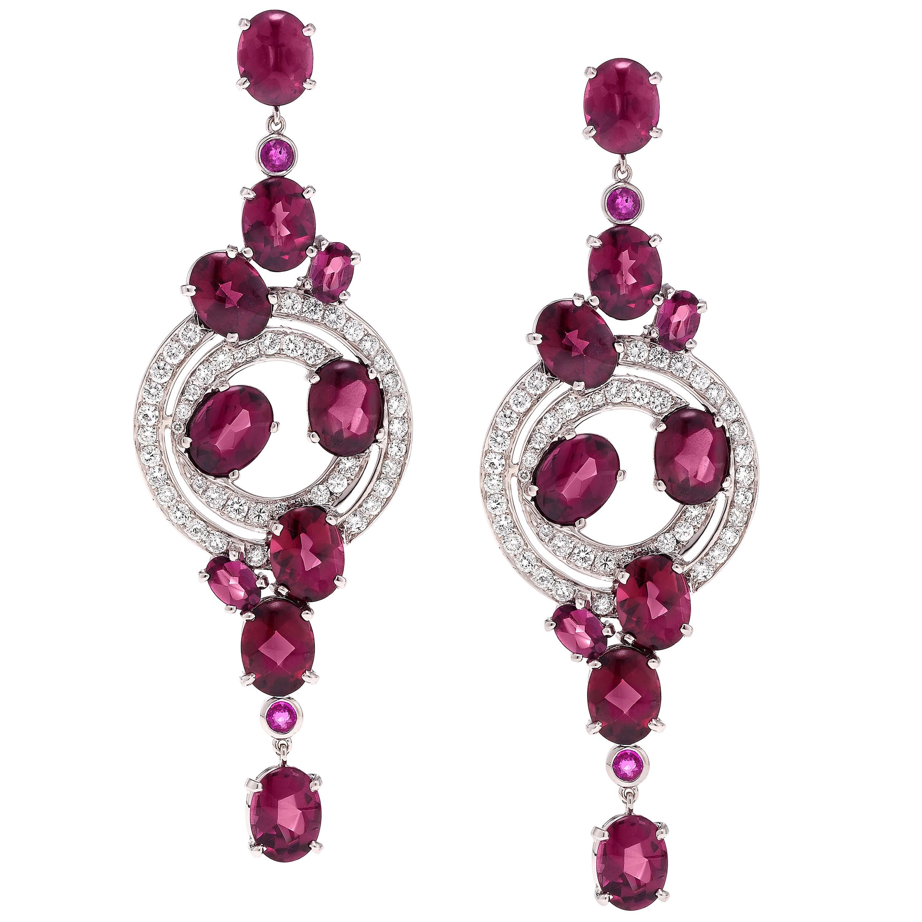 Rhodolite Pink Sapphire and Diamond White Gold Drop Earrings For Sale