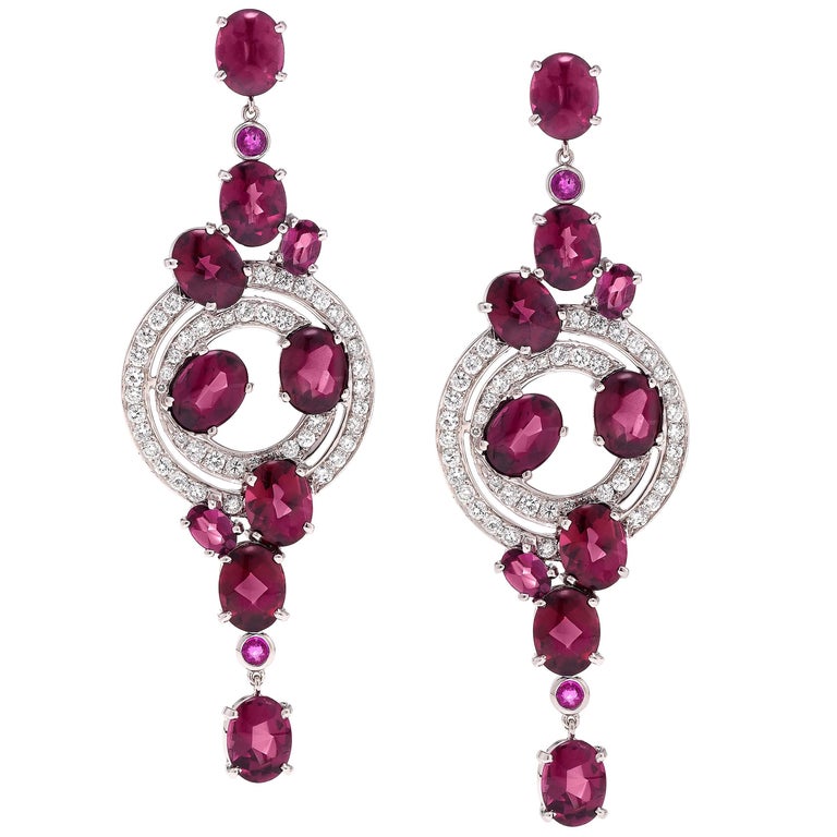 Rhodolite Pink Sapphire and Diamond White Gold Drop Earrings For Sale ...