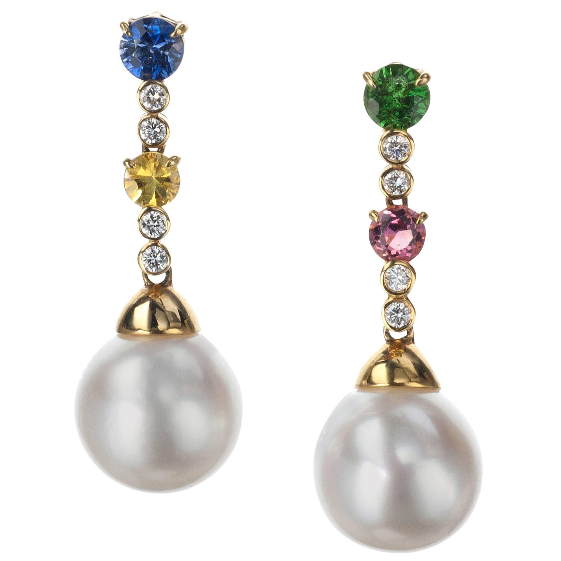 Schoeffel Pearl, Sapphire, Diamond and Tsavorite Drop Earrings in 18 Karat Yello For Sale