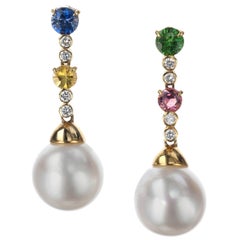 Schoeffel Pearl, Sapphire, Diamond and Tsavorite Drop Earrings in 18 Karat Yello