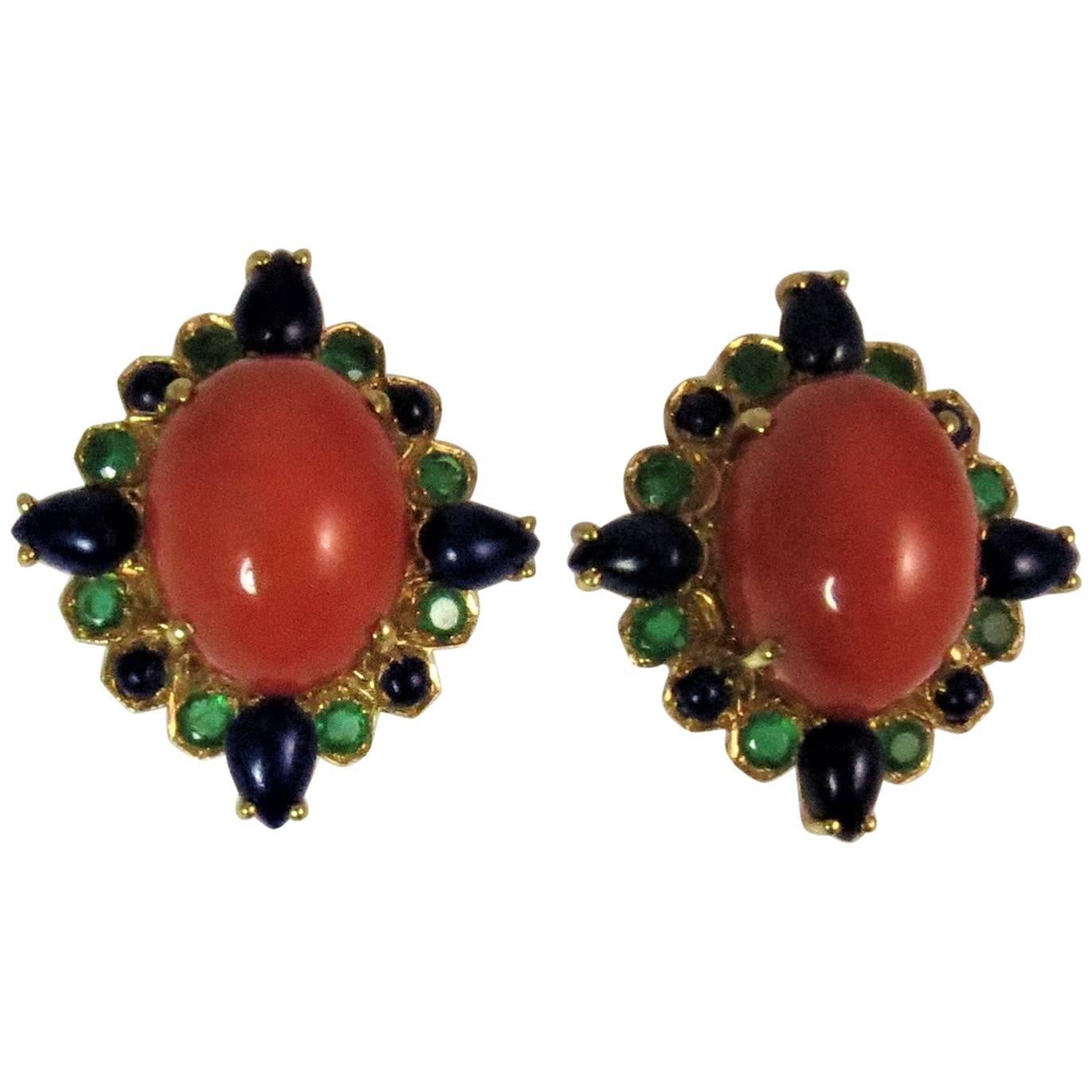  Salmon Colored Cabochon Coral Lapis  Emerald 18 Karat Yellow Gold Earrings