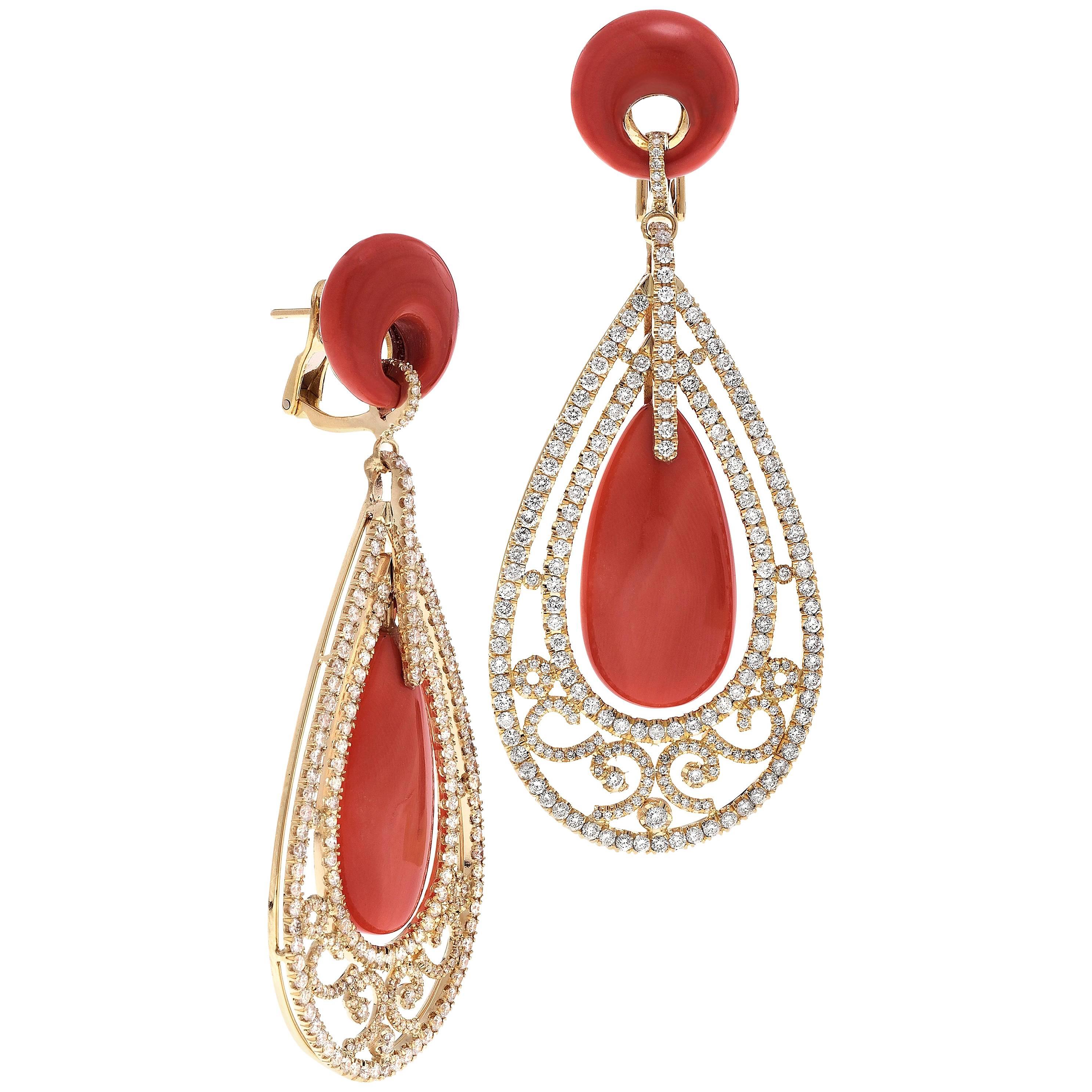 Coral and Pave Diamond Yellow Gold Chandelier Earrings For Sale
