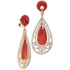 Coral and Pave Diamond Yellow Gold Chandelier Earrings