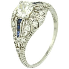 Art Deco 0.66 Carat Old Cut Diamond and Sapphire Platinum Engagement Ring