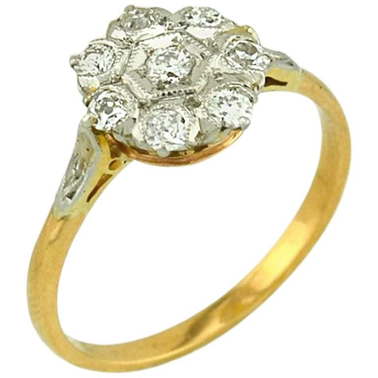 Antique Old European Cut Diamond Cluster 18 Karat Gold Engagement Ring For Sale