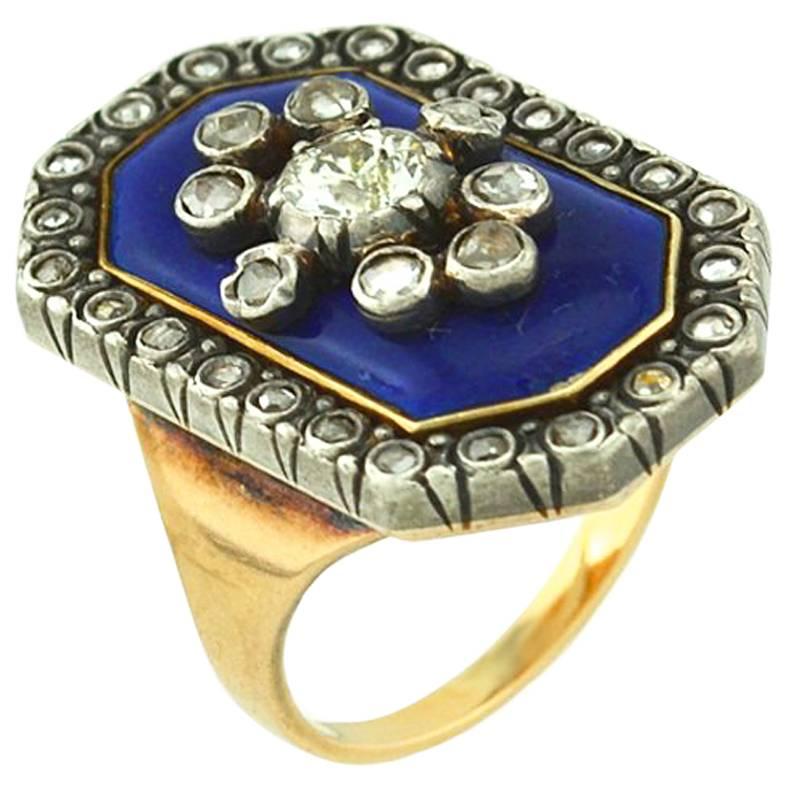 Victorian Blue Enamel Old Cut Diamond Ring For Sale