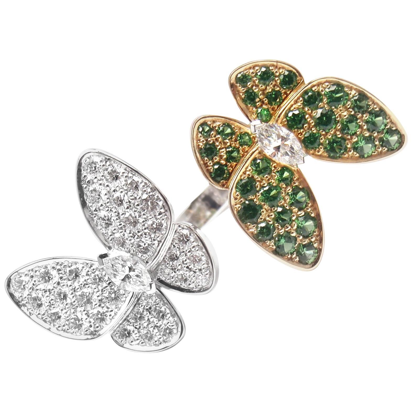 Van Cleef & Arpels Two Butterfly Diamond Tsavorite Between Finger Gold Ring