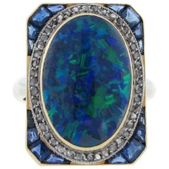 Splendid Art Deco 8 Carat Natural Black Opal Sapphire Diamond Ring