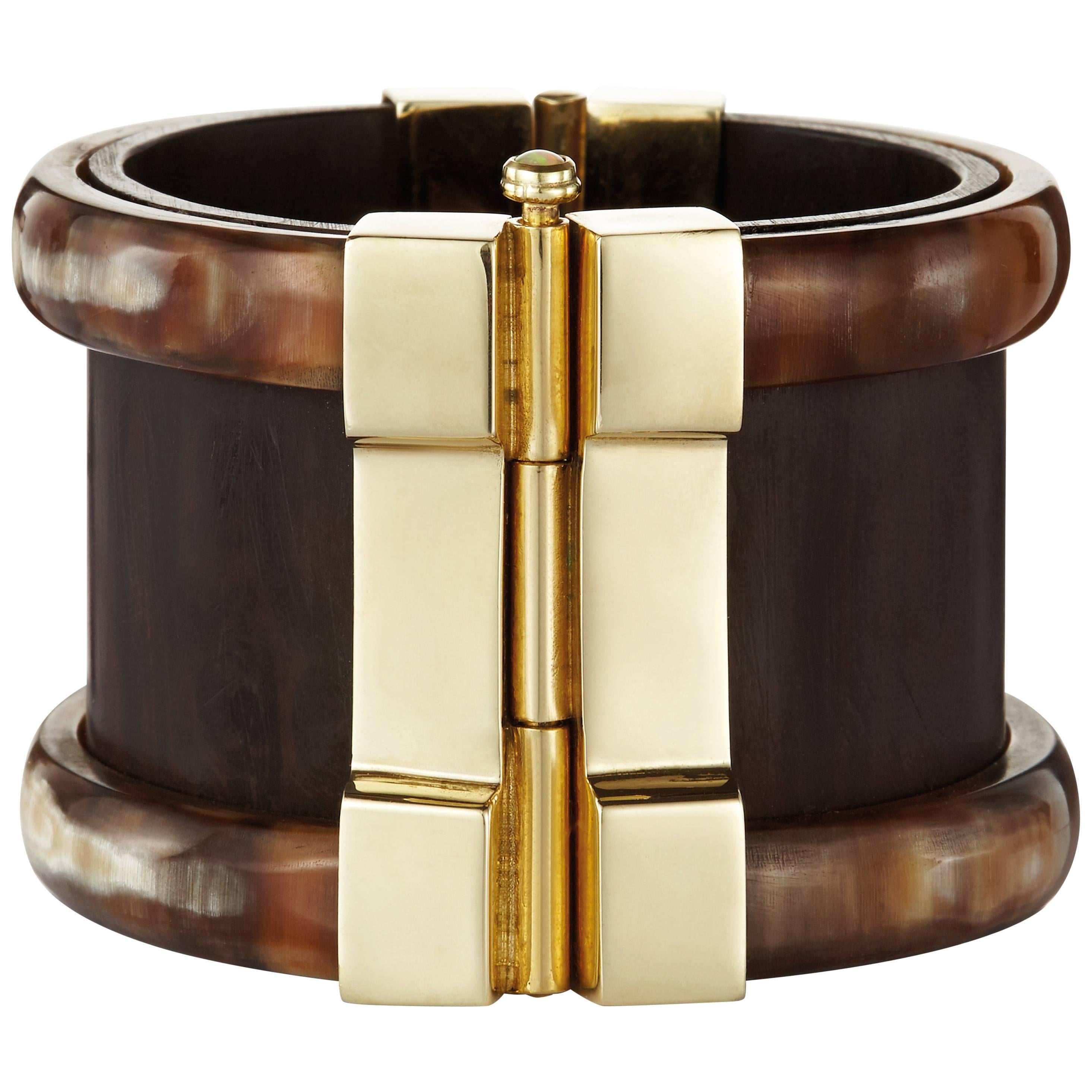 Fouché Cuff Bracelet Gold Bespoke Horn Wood Emerald 