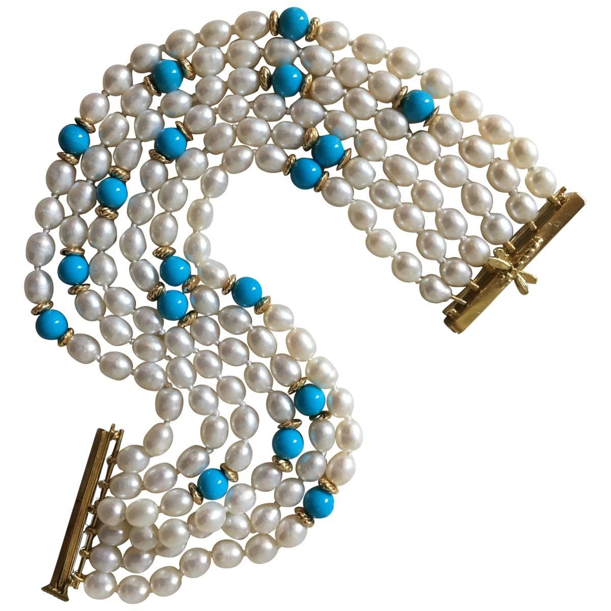 Six Strand 18 Karat Dragonfly Slide Clasp Pearl Turquoise Bracelet