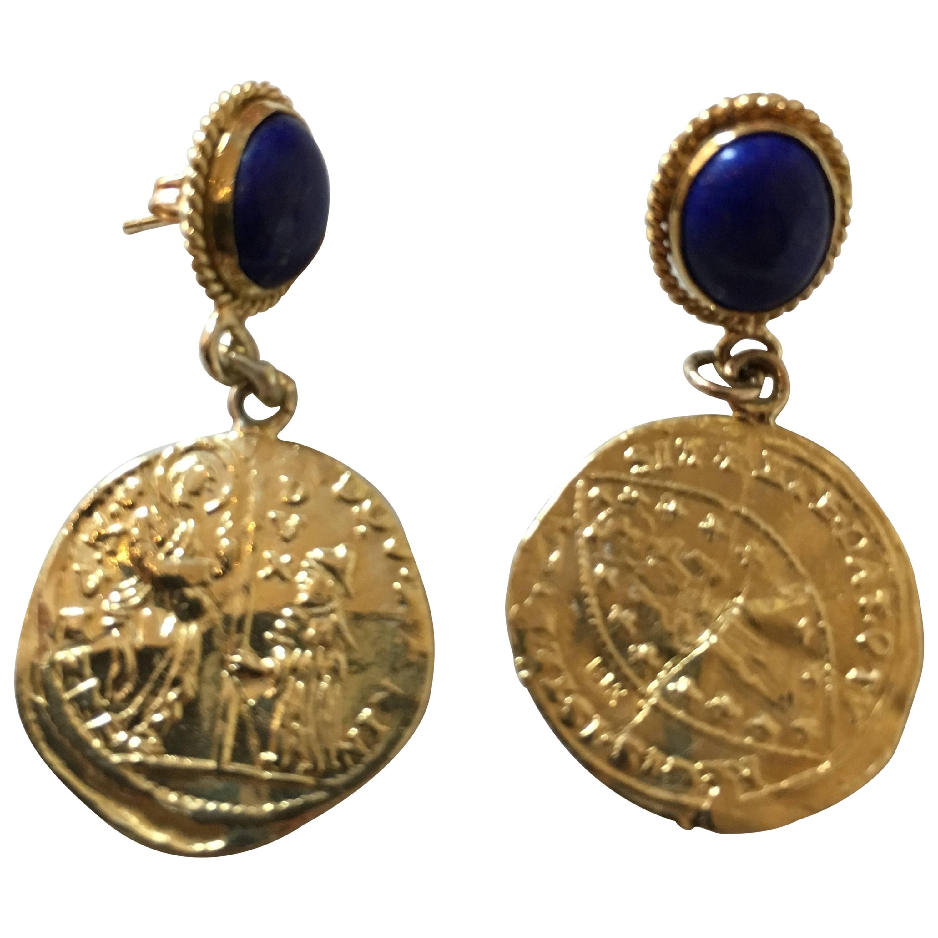 Venetian Coin Drop Earrings with Lapis Lazuzli Studs
