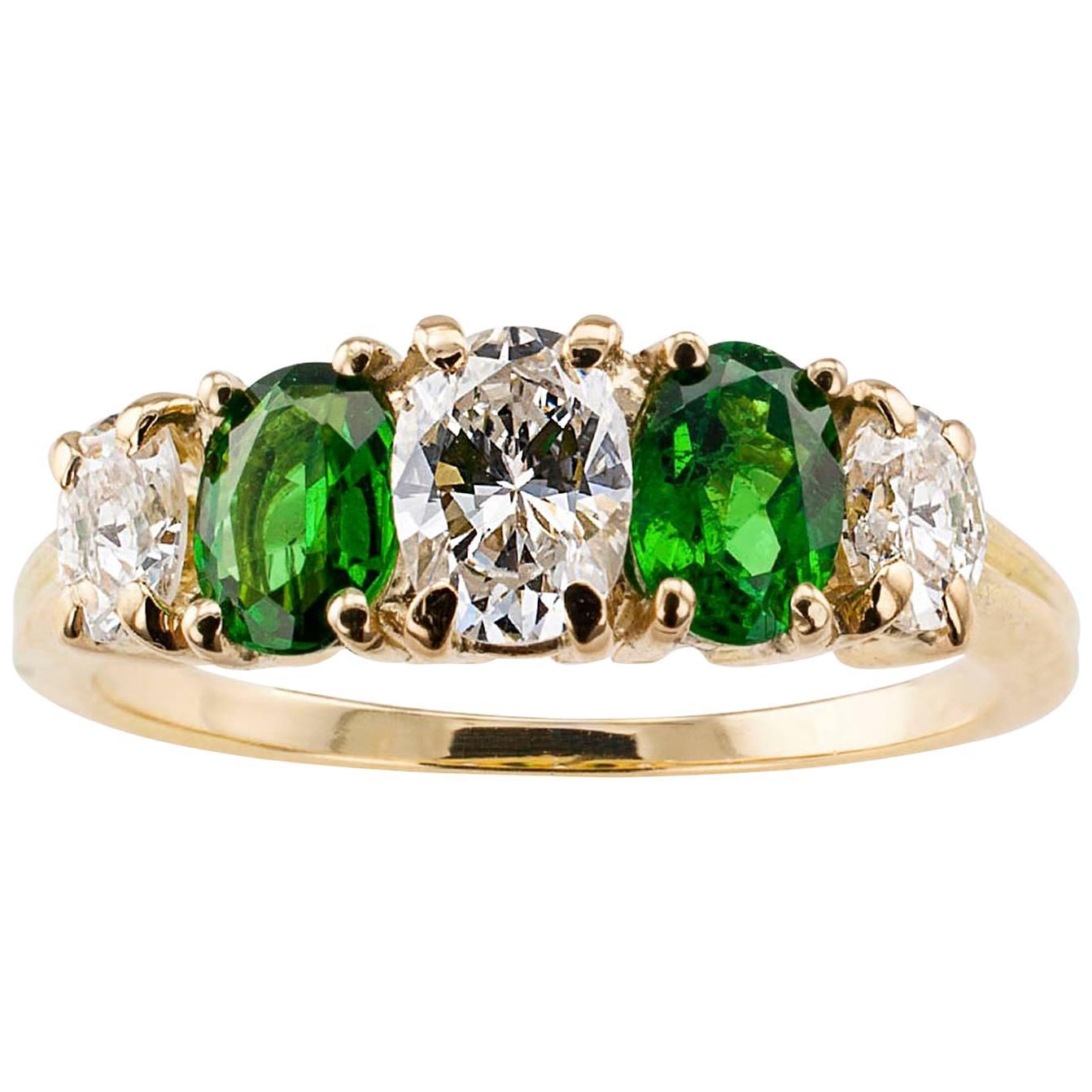 Tsavorite Garnet Diamond Gold Five-Stone Ring