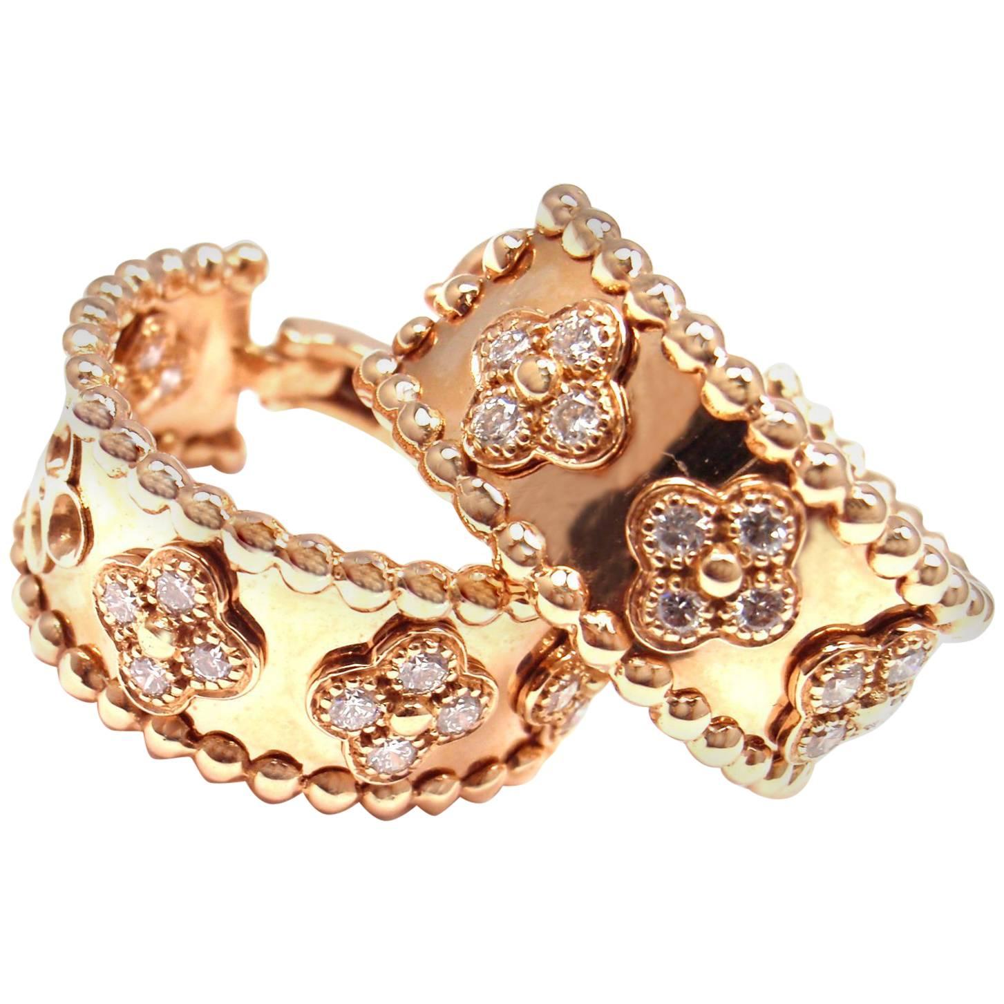 Van Cleef & Arpels Perlee Clovers Diamond Rose Gold Hoop Earrings